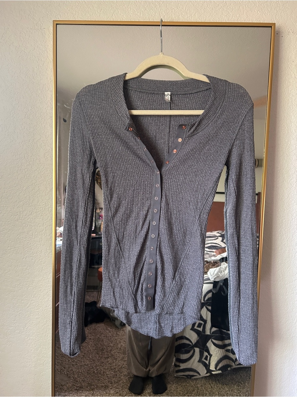 Free People Gray Ribbed Button-Front Long Sleeve Top